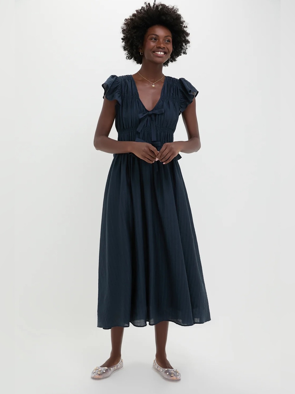 NWT Tuckernuck MOON RIVER Navy Blue Flutter Sleeve Tie Front Midi Dress XS